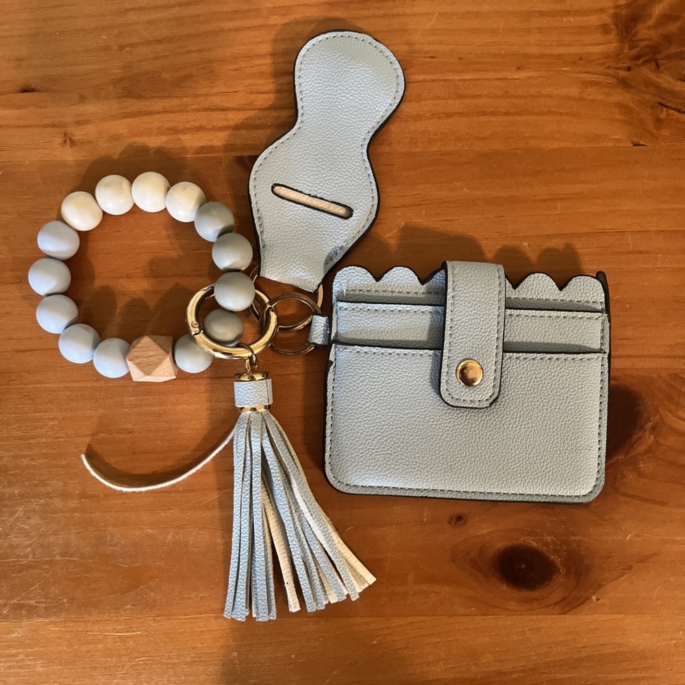 Blue Card Holder Wallet Keychain Tassel Beaded Wristlet ID Button Pouch